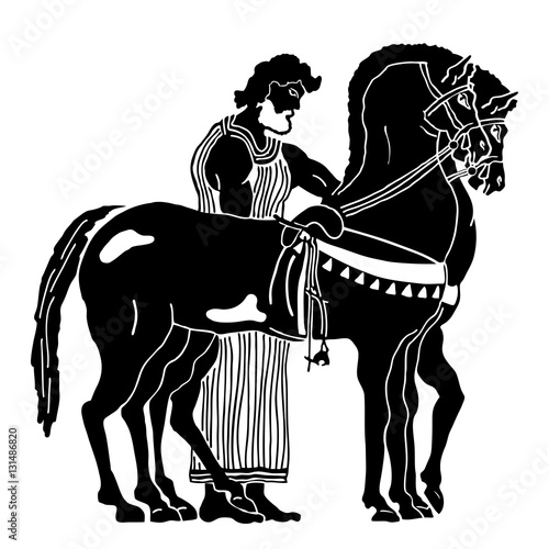 Greek style drawing. Warrior in tunic equips horses. Black pattern isolated on white background.