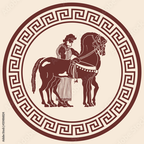 Greek style drawing Pano with national ornament. Warrior in tunic equips horses.