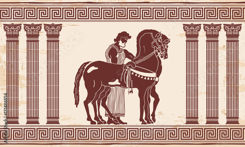 Greek style drawing Pano with national ornament. Warrior in tunic equips horses.