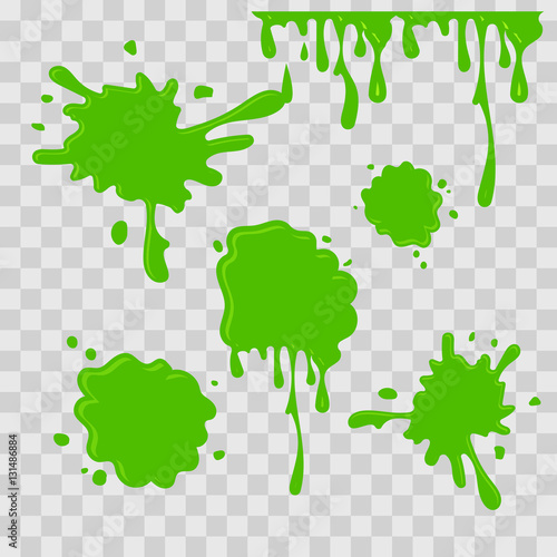 Paint drop abstract illustration. Green slime on checkered transparent background. Flat style. Vector set.