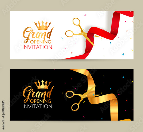 Grand Opening invitation banner. Golden Ribbon and red ribbon cut ceremony event. Grand opening celebration card