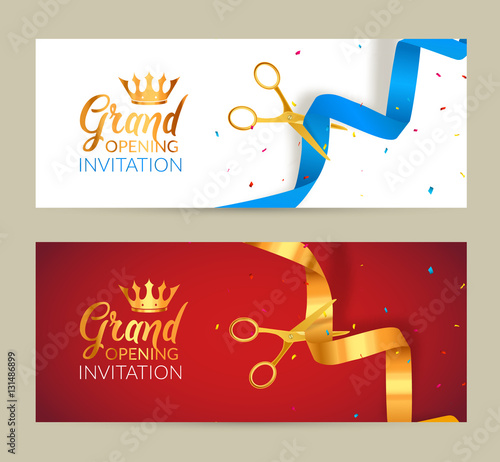 Grand Opening invitation banner. Golden Ribbon and blue ribbon cut ceremony event. Grand opening celebration card