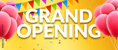 Grand Opening event invitation banner with balloons and confetti. Grand Opening poster template design