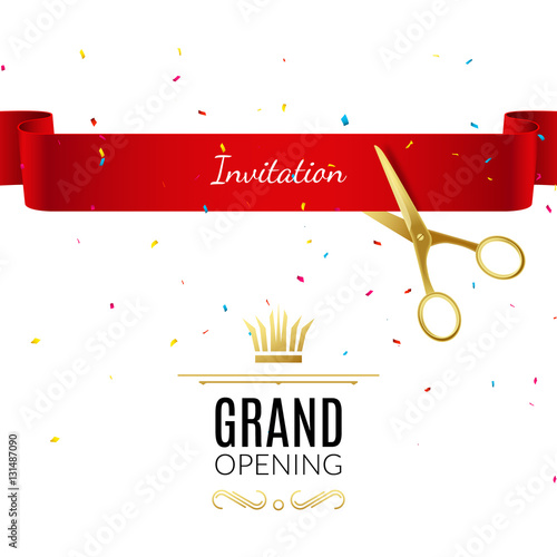 Grand Opening design template with ribbon and scissors. Grand open ribbon cut concept.