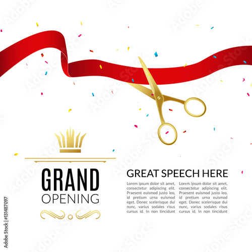 Grand Opening design template with ribbon and scissors. Grand open ribbon cut concept. photo