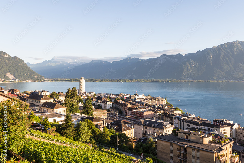 An aerial view of Montreux by lake Geneva in Canton Vaud, Switze