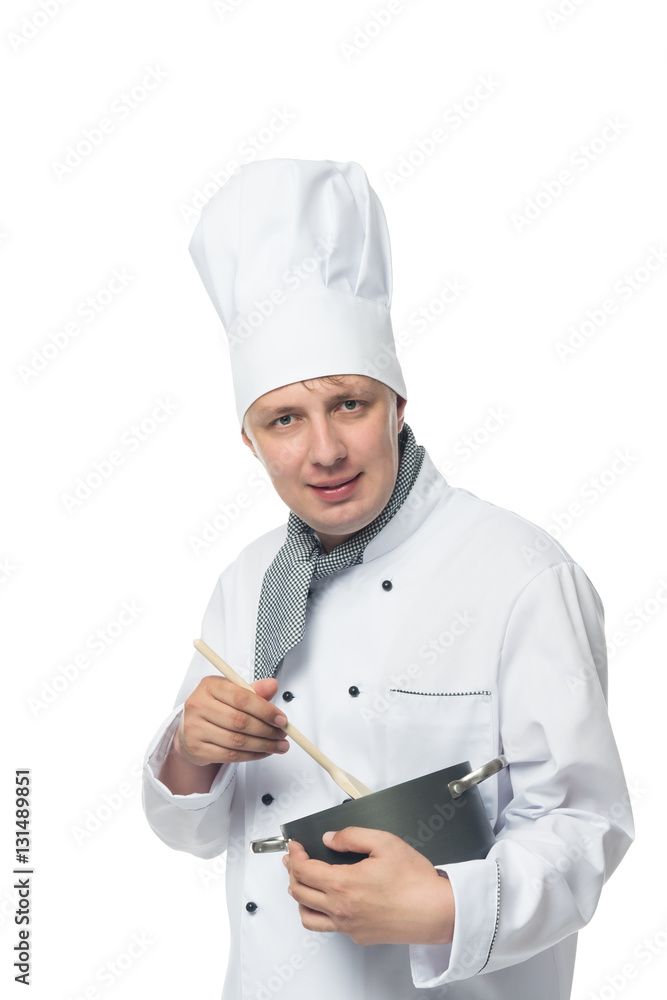 Chef interfere dish spoon in a pot on a white background Chef interfere dish spoon in a pot on a white background
