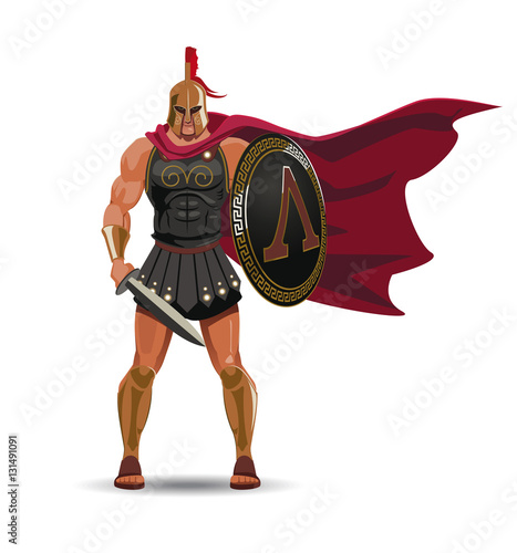 Angry spartan warrior with armor and hoplite shield photo