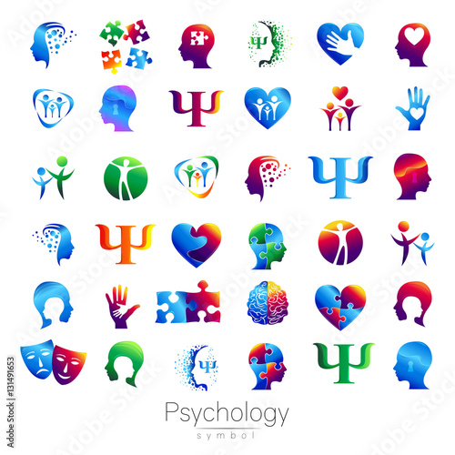 Modern head sign Set of Psychology. Profile Human. Creative style. Symbol in vector. Design concept. Brand company. Green orange blue violet color isolated on white background. Icon for web, print
