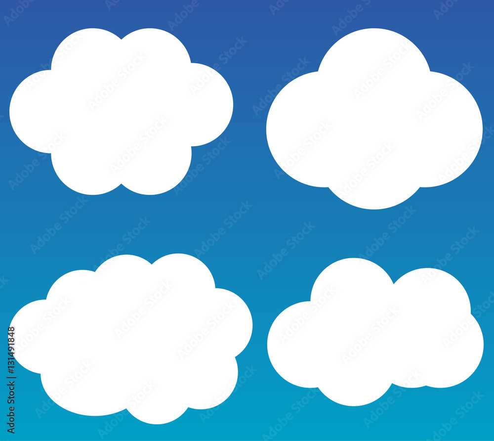 Cartoon clouds vector icons isolated over gradient blue background, white fluffy clouds vector illustration