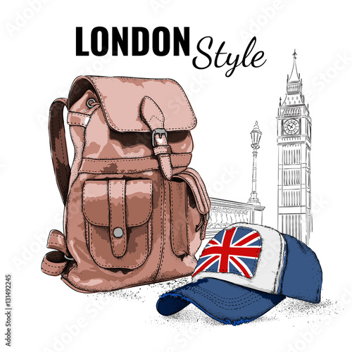 Hand drawn Vector Backpack and cap. London background. Vector illustration