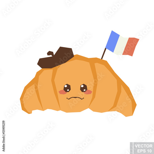 Bakery pastry. Kids restaurant menu cardboard. Template for your projects, websites, invitations. Funny cute croissant drawn with a smile, eyes hat and france flag. Fun cartoon .  Vector illustration.