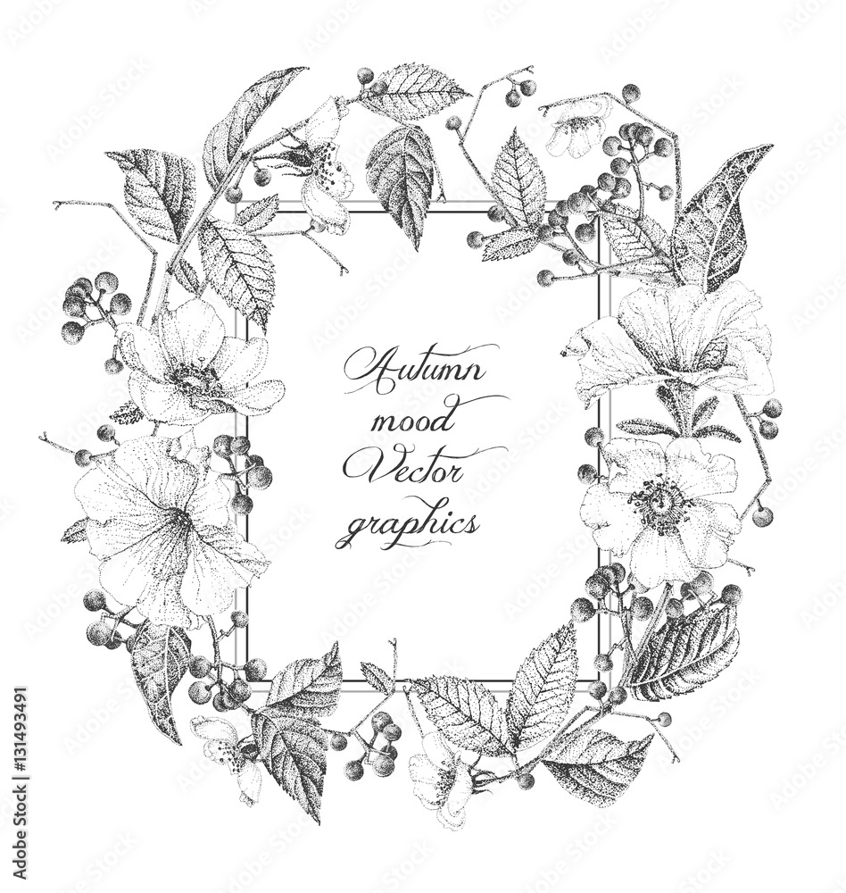 Fototapeta premium Floral frame for greeting cards or invitations. Black and white. Vector illustrations. Pointillism style.