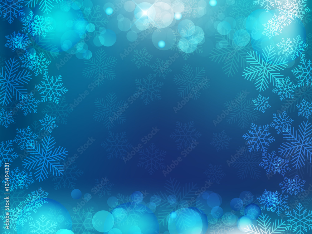 Christmas background with blue and white snowflakes in various styles. Abstract Vector Illustration. Christmas background with blue and white snowflakes in various styles. Abstract Vector Illustration.