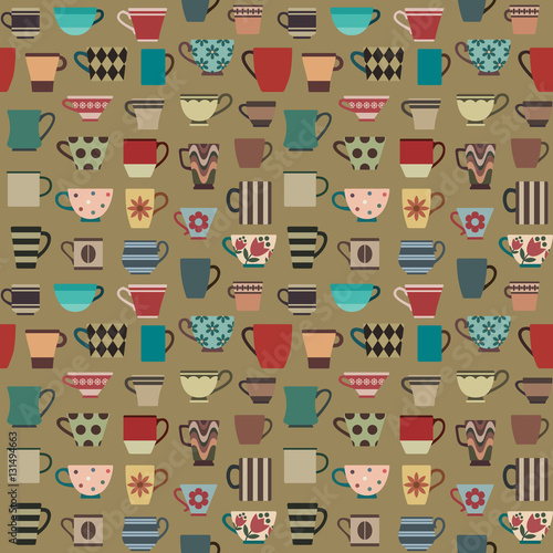 Coffee cups and mugs in various shapes and colors seamless pattern background 3
