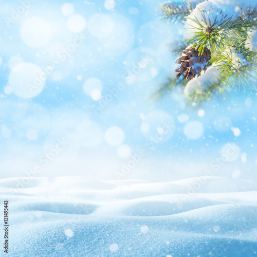 Winter snowy background. Winter Christmas background with pine branches and snow drifts. © Leonid Ikan