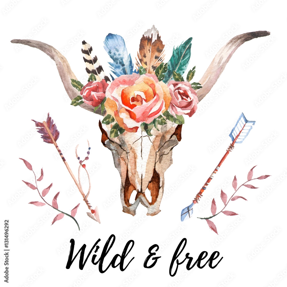 Watercolor isolated bull's head with flowers and feathers on white ...