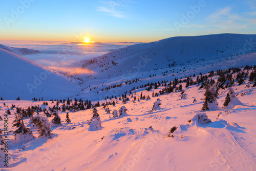 Colorful winter sunrise in the mountains.