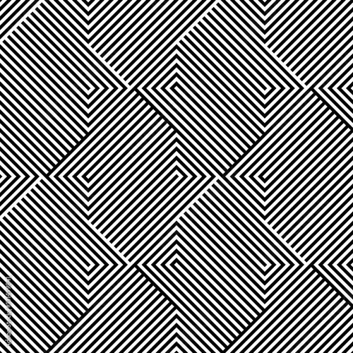 Abstract vector seamless op art pattern with rhombus. Monochrome graphic black and white ornament. Striped optical illusion repeating texture.