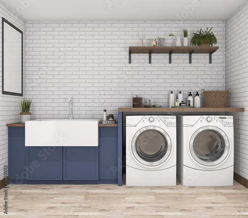 3d rendering washing machine in vintage laundry room