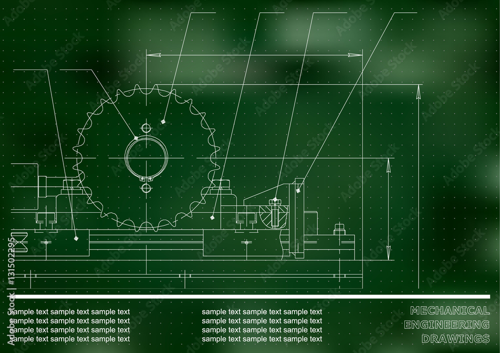 Mechanical drawings on a green and white background. Engineering illustration. Vector. Points