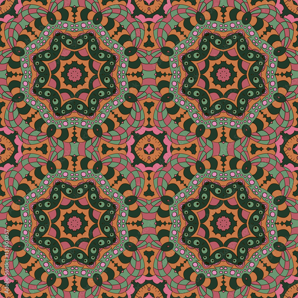 Mandala. Zentangl seamless ornament. Relax, meditation. Oriental pattern. Pink, green tone