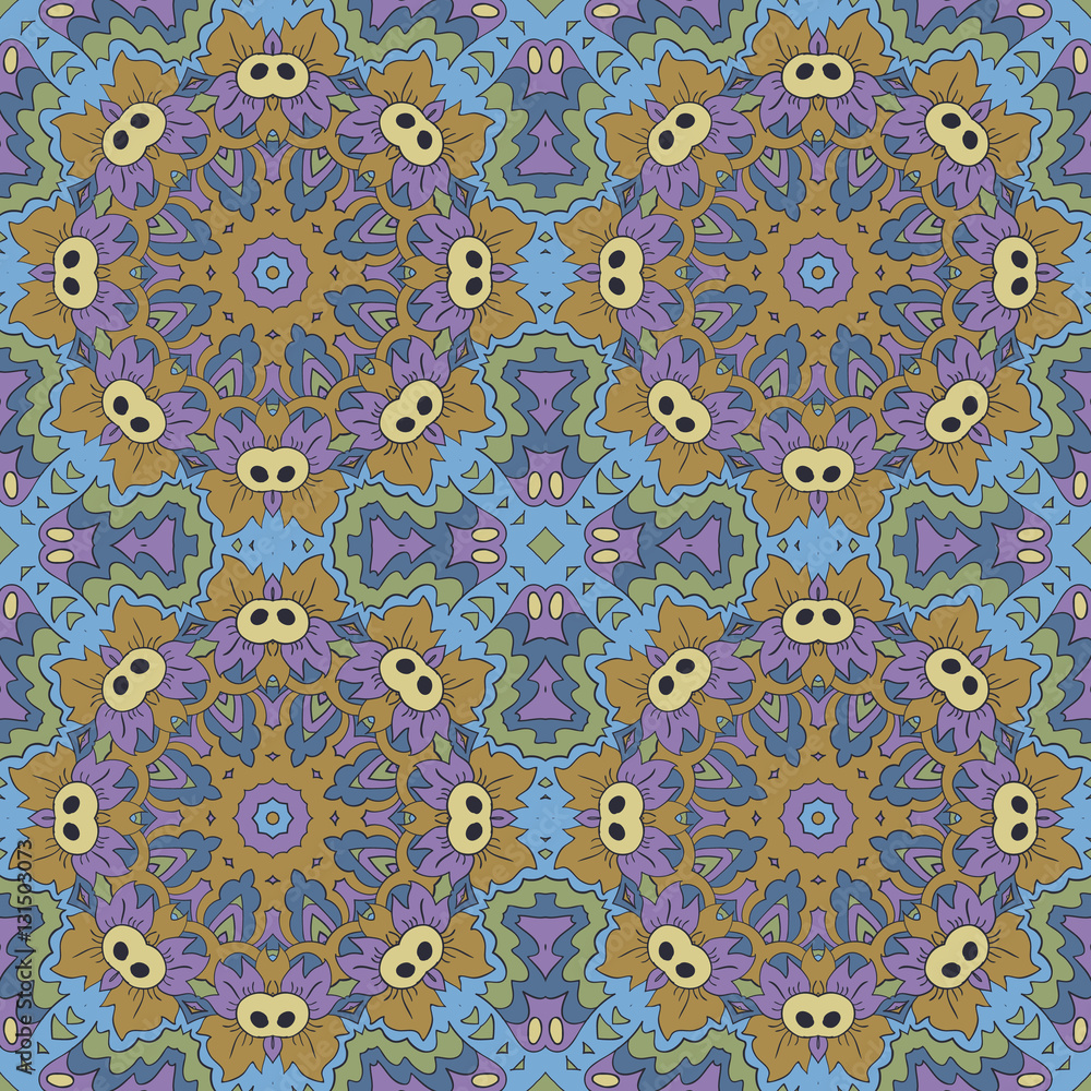 Mandala. Zentangl seamless ornament. Relax, meditation. Blue, green and purple