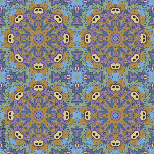 Mandala. Zentangl seamless ornament. Relax, meditation. Blue, green and purple