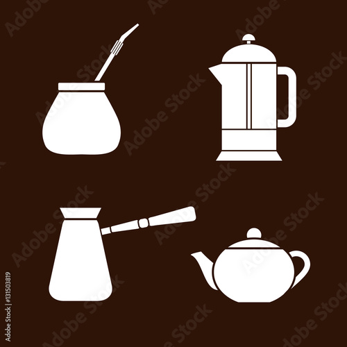 Tea and coffee making facility flat white icons. Yerba mate calabash, teapot, french press, turkish cezve

