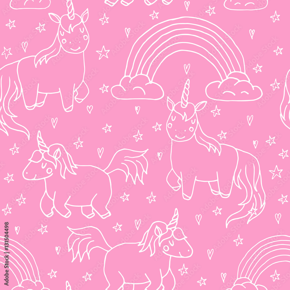 Cute vector unicorns and rainbow seamless pattern - hand drawn kawaii style illustration with imaginary horse from children fairytale. Ink sketch with hearts, stars and rainbow
