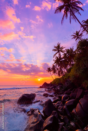 Sunset on tropical coast with rocks in wavy ocean and palm trees on a hill