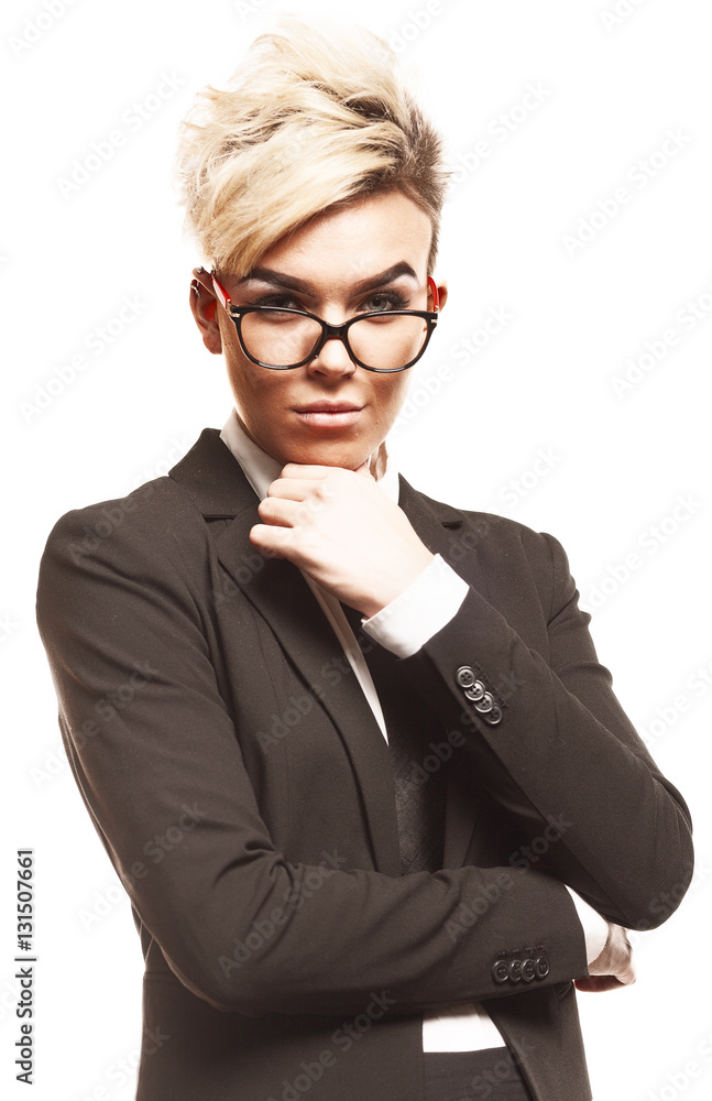 Blond beautiful business lady in black suit Blond beautiful business lady in black suit