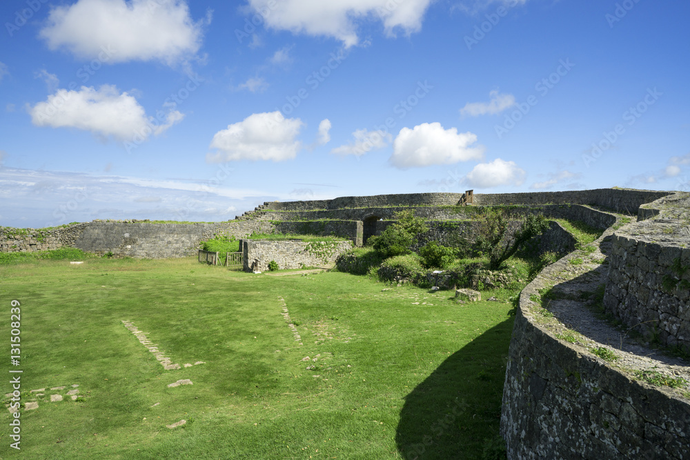 Naklejka premium Okinawa, Japan - October 23, 2016: Nakagusuku Castle Ruins Scenery, The famous castle of tourist attraction in Ryukyu kingdom, Okinawa Japan.