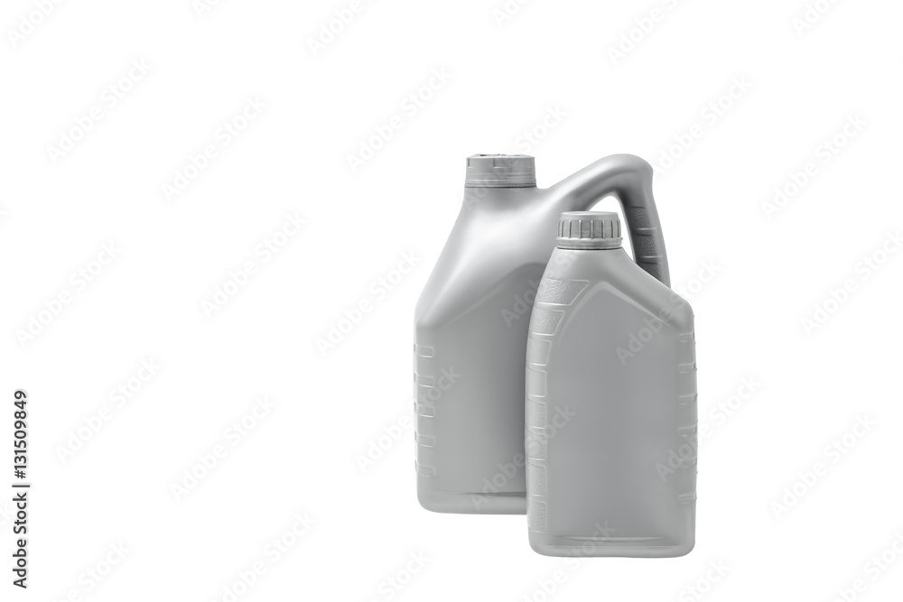 Gray canister with engine oil isolated on white background Gray canister with engine oil isolated on white background