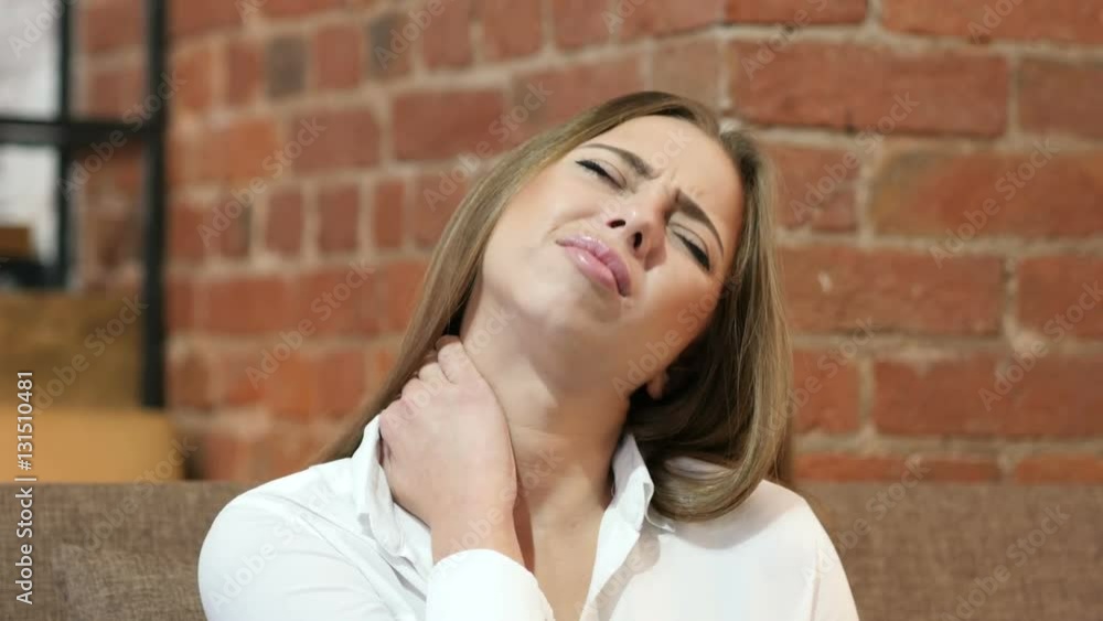 Tired Young Girl with Neck Pain, Portrait Tired Young Girl with Neck Pain, Portrait