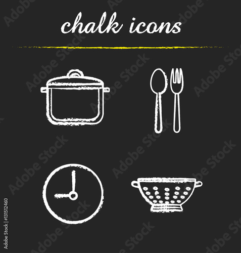 Kitchen items chalk icons set