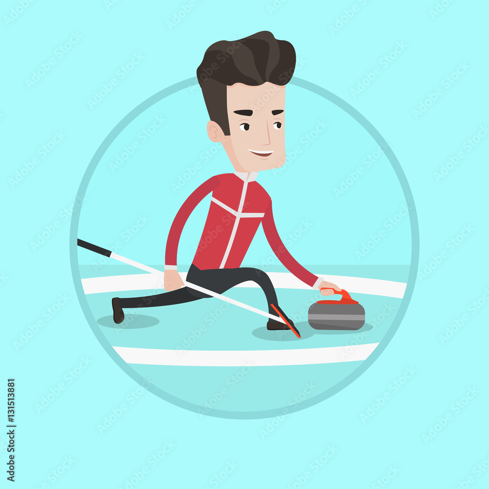 Curling player playing on rink.