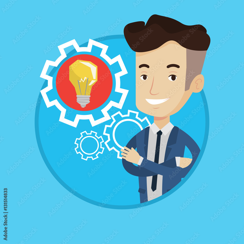 Man with business idea bulb in gear. Man with business idea bulb in gear.