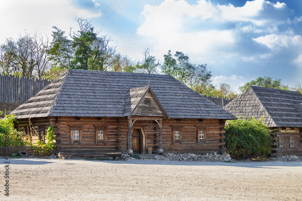 wooden antique building in the historical complex of Zaporozhye Sech on Khortitsa, Ukraine