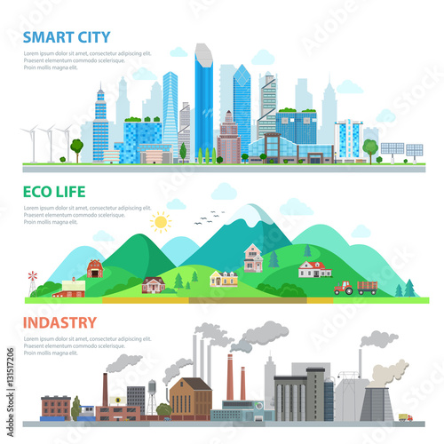 Flat Smart city Eco life Industry nature pollution concept