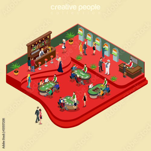 Gambling casino interior alcohol bar 3d flat isometric vector.