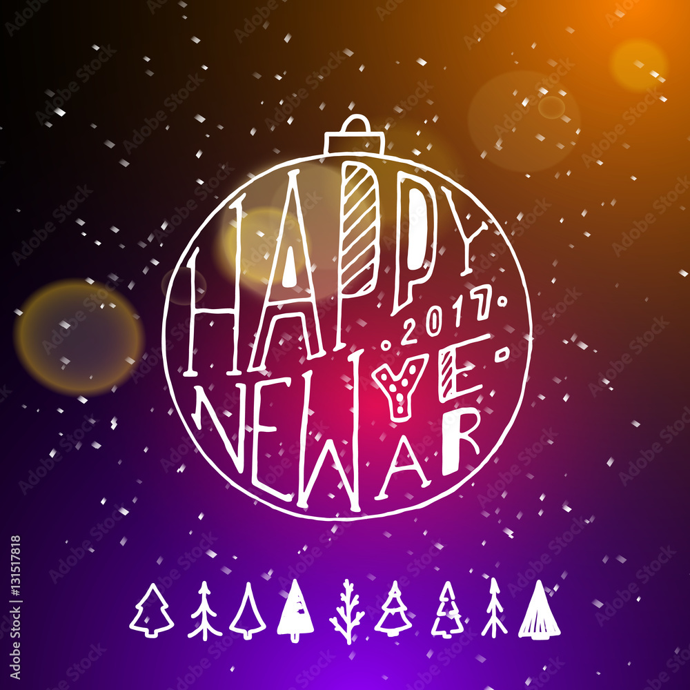 Naklejka premium Show background. Happy New Year Holiday Party Brush Script Style Hand lettering. Smoky vector stage interior shining with light from a projector