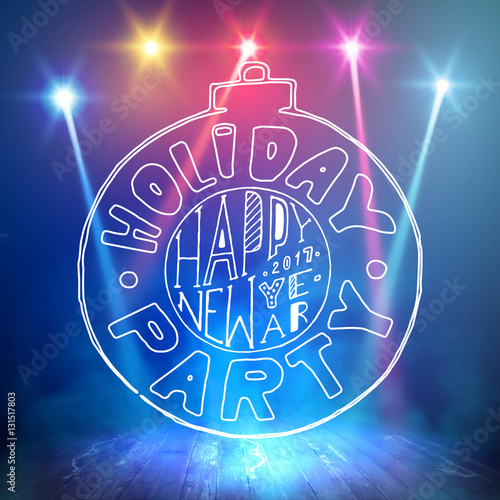 Show background. Happy New Year Holiday Party Brush Script Style Hand lettering. Smoky vector stage interior shining with light from a projector
