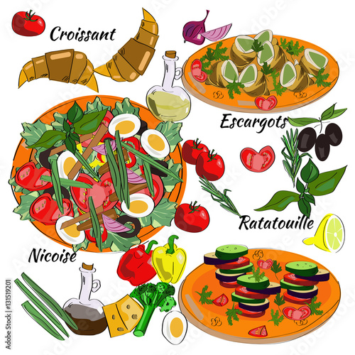 Traditional dishes of French cuisine. Nicoise, Ratatouille, Escargots, Croissant.