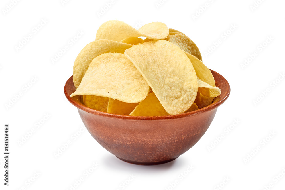 Potato chips in ceramic bowl on white Potato chips in ceramic bowl on white