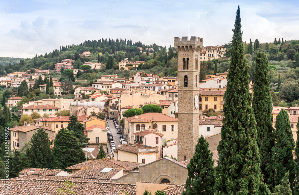 View of city center of Fiesole with cathedral tower.