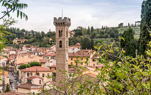 View of city center of Fiesole with cathedral tower. photo