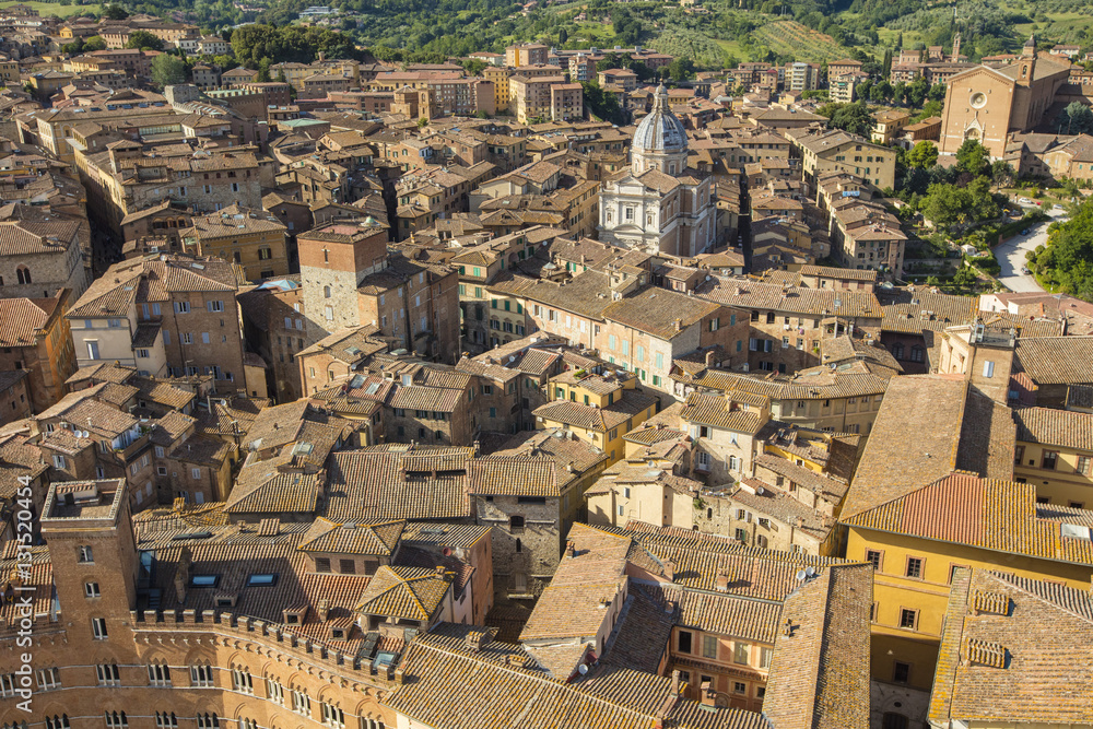 wide aerial view to the old city in Tuscany