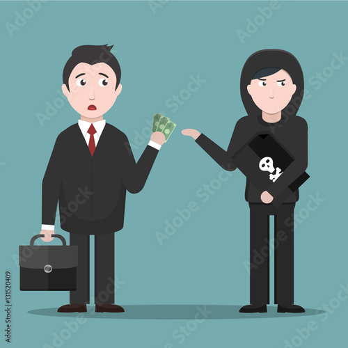 Vector cartoon illustration of hacker extorting money from a businessman. Concept of internet protection and hacking.
