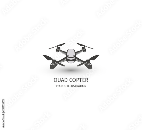 Isolated rc drone logo on white. UAV technology logotype. Unmanned aerial vehicle icon. Remote control device sign. Surveillance vision multirotor. Vector quadcopter illustration.